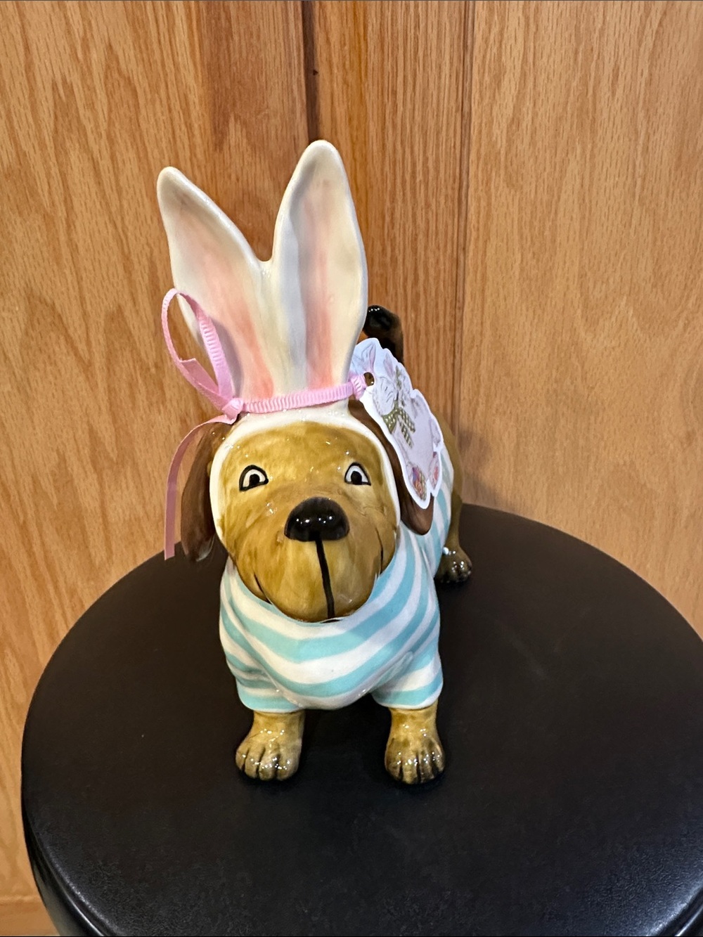Ceramic Dog Figurine with Pink Bunny Ears and Blue-White Striped Sweater